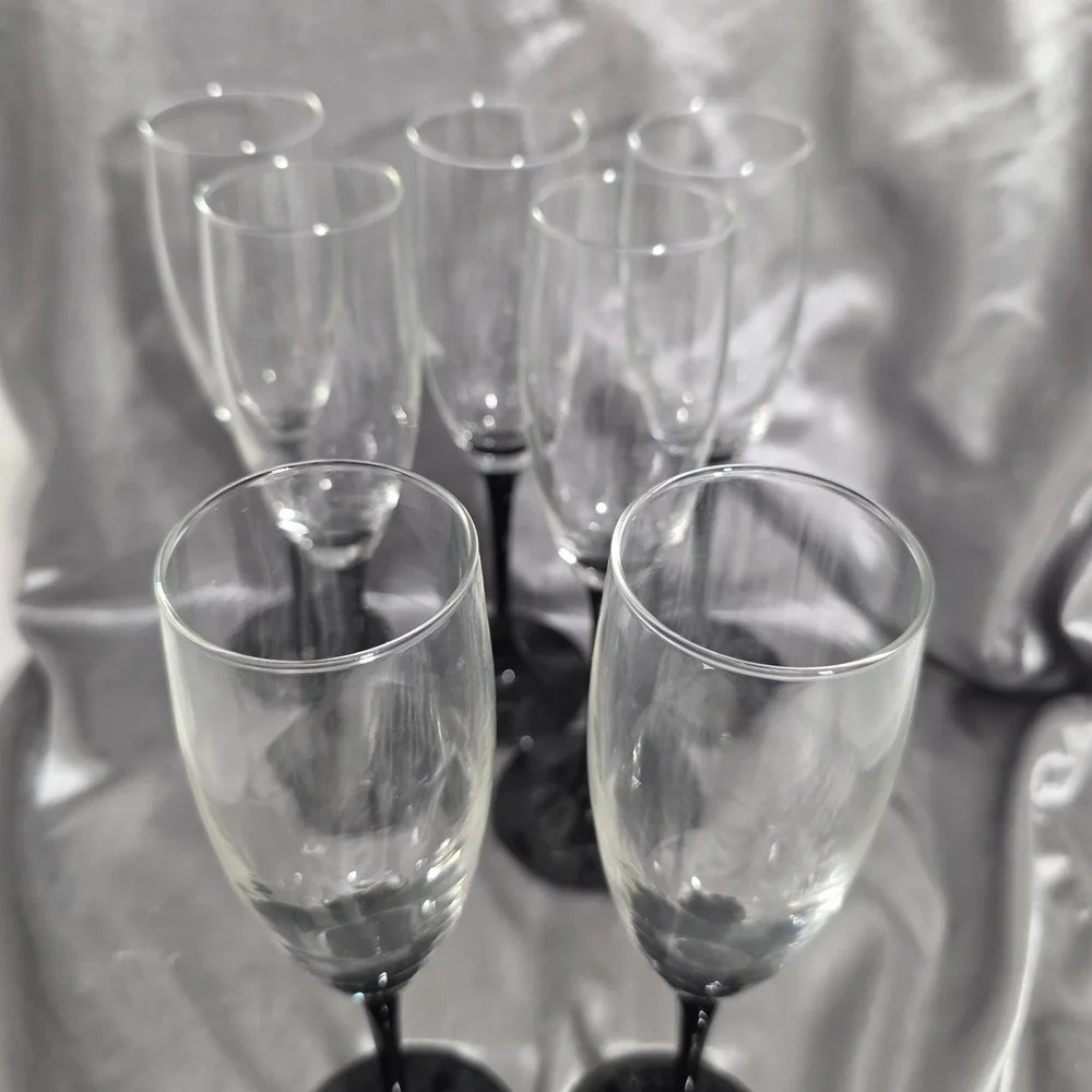 Luminarc France Black Stem Champagne Flutes Set of 7 Clear Glass Two Tone 8.75in